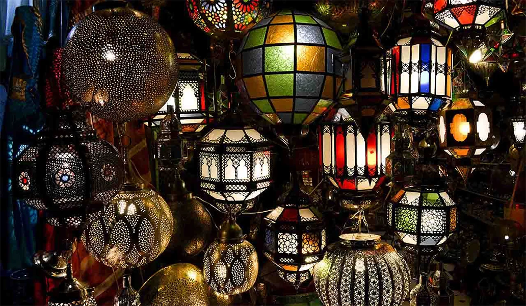 Colorful lanterns and ornaments in a market in Marrakech