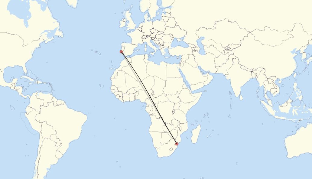 Flight route from Lisbon to Maputo