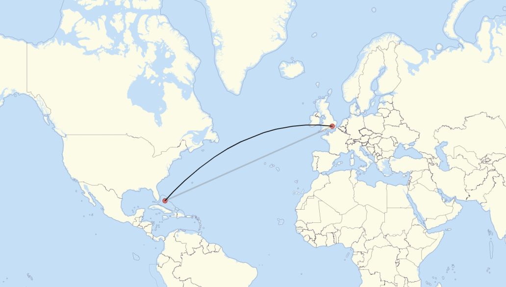 Flight route from London to Nassau