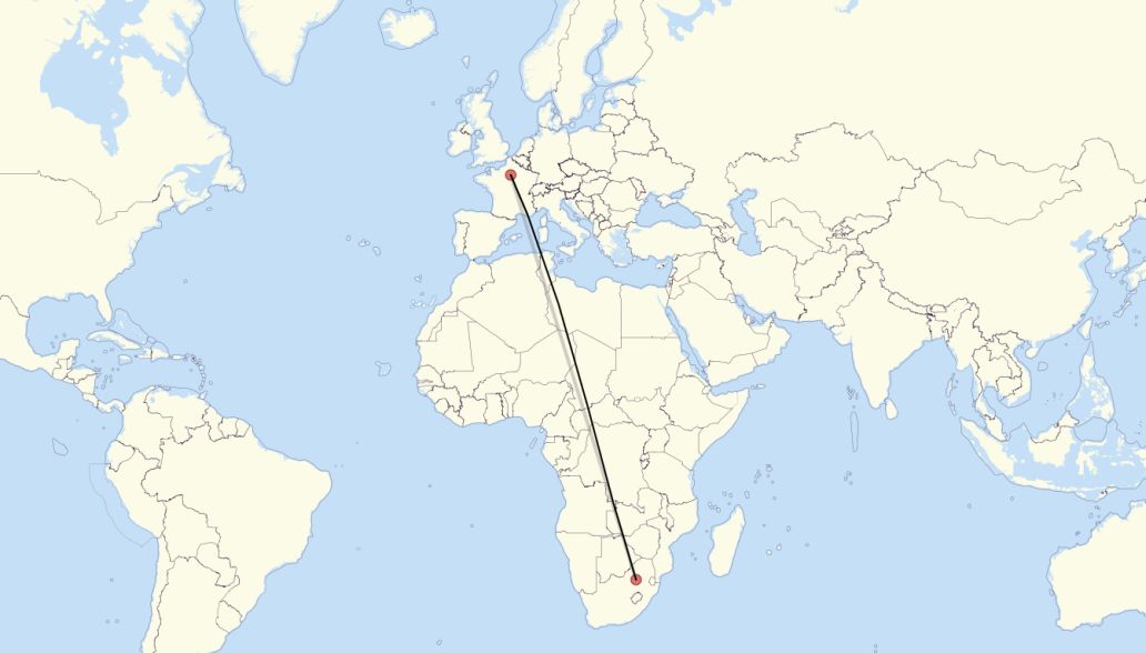 Flight route from Paris to Johannesburg