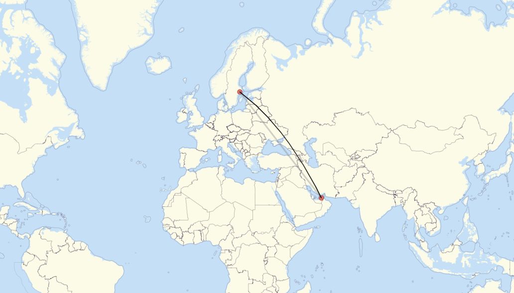 Flight route from Stockholm to Dubai